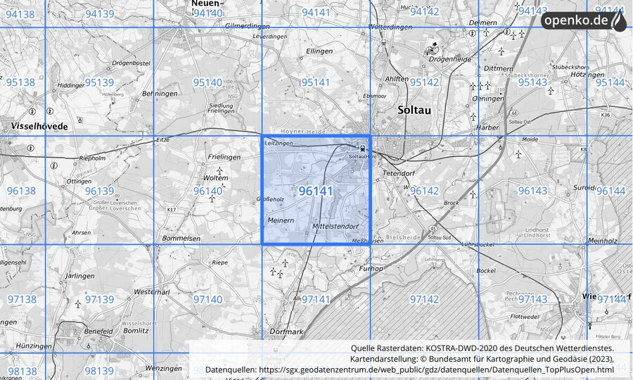 Übersichtskarte des KOSTRA-DWD-2020-Rasterfeldes Nr. 96141