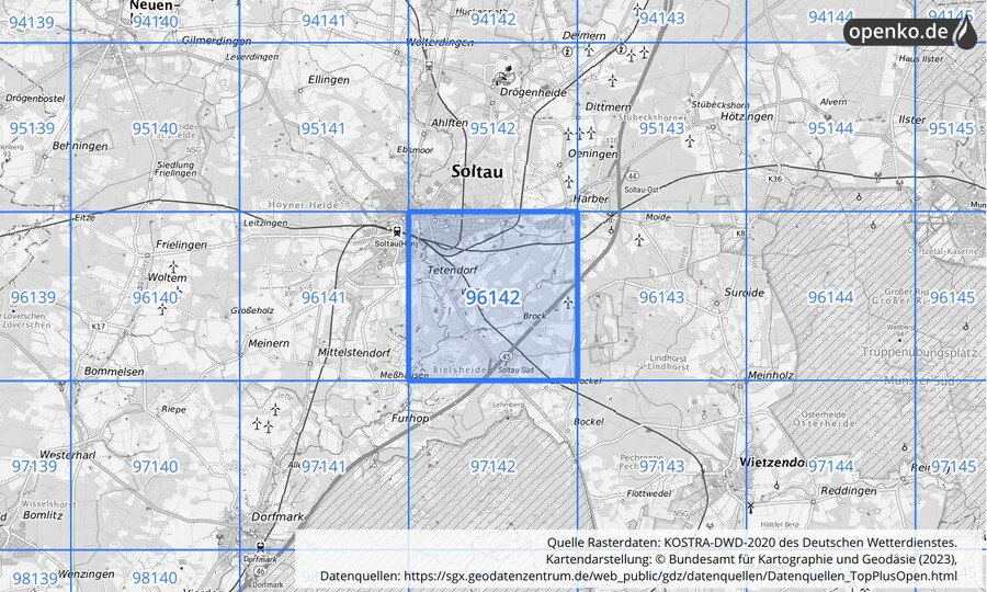 Übersichtskarte des KOSTRA-DWD-2020-Rasterfeldes Nr. 96142