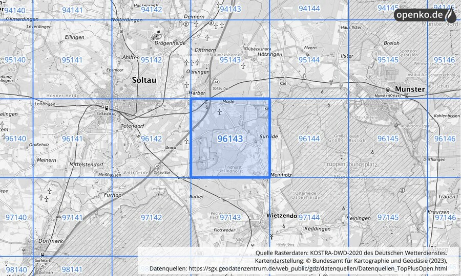 Übersichtskarte des KOSTRA-DWD-2020-Rasterfeldes Nr. 96143