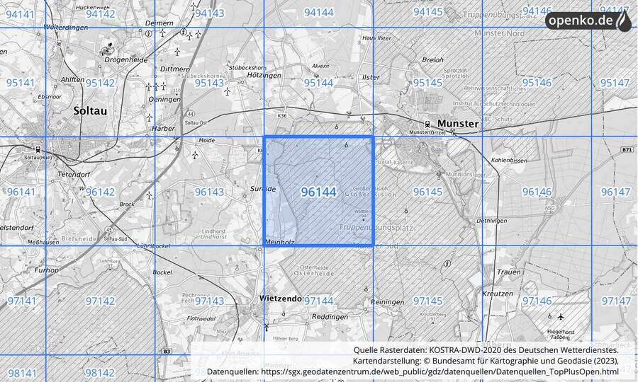 Übersichtskarte des KOSTRA-DWD-2020-Rasterfeldes Nr. 96144