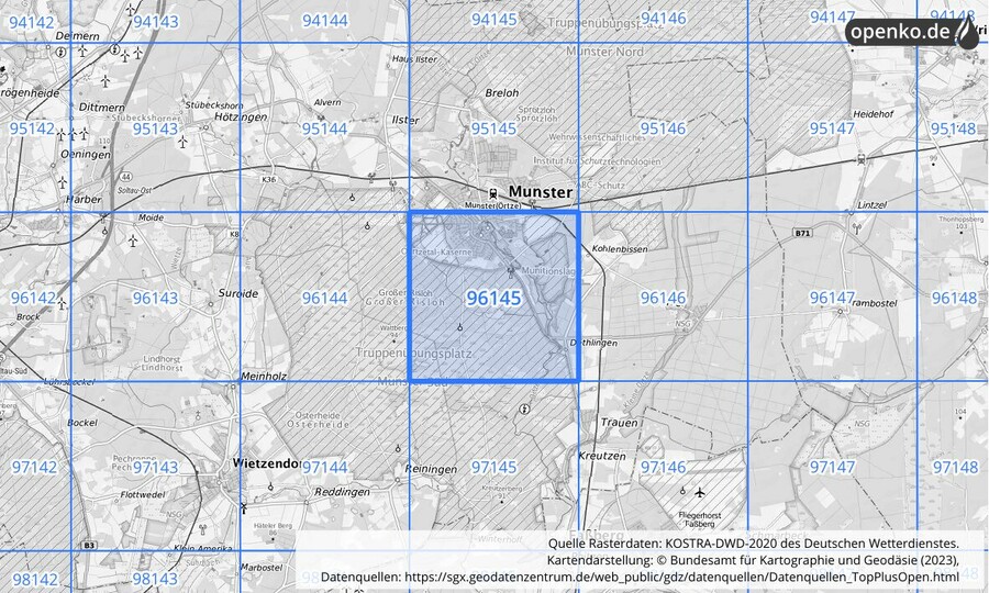 Übersichtskarte des KOSTRA-DWD-2020-Rasterfeldes Nr. 96145