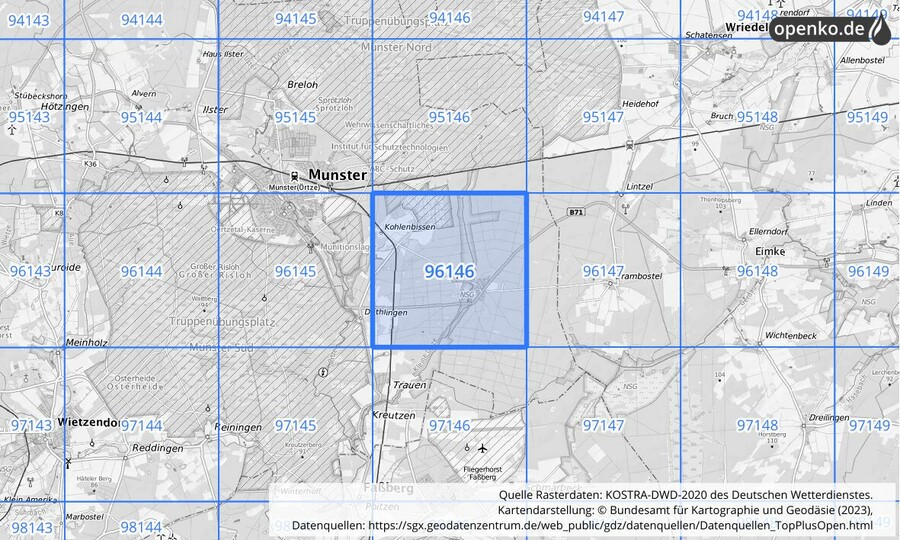 Übersichtskarte des KOSTRA-DWD-2020-Rasterfeldes Nr. 96146