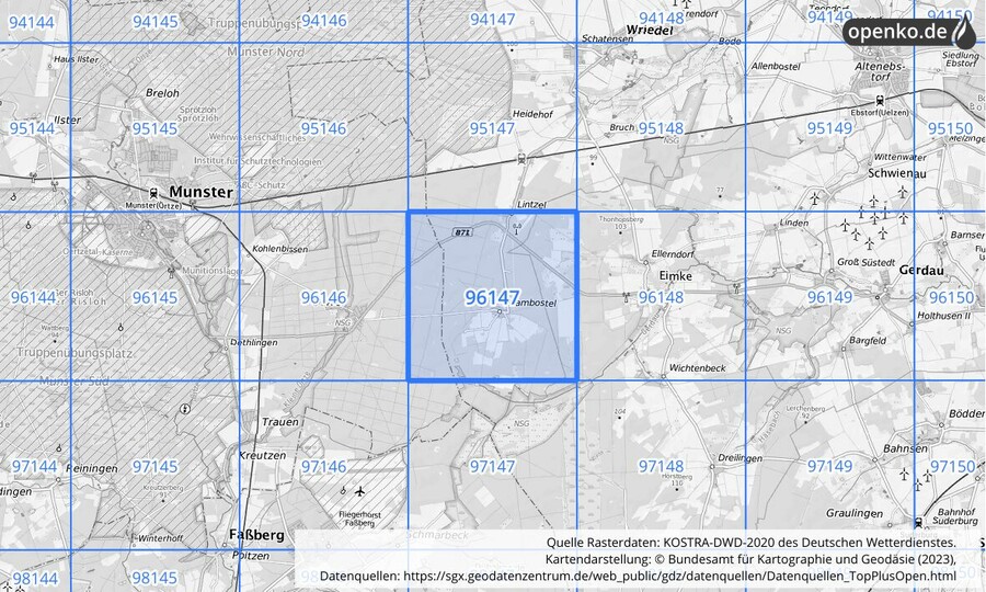 Übersichtskarte des KOSTRA-DWD-2020-Rasterfeldes Nr. 96147