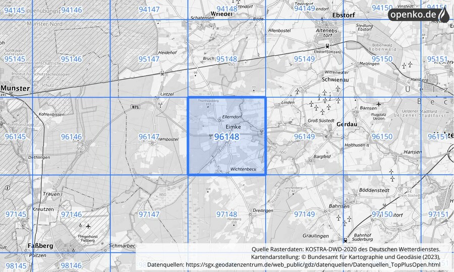 Übersichtskarte des KOSTRA-DWD-2020-Rasterfeldes Nr. 96148