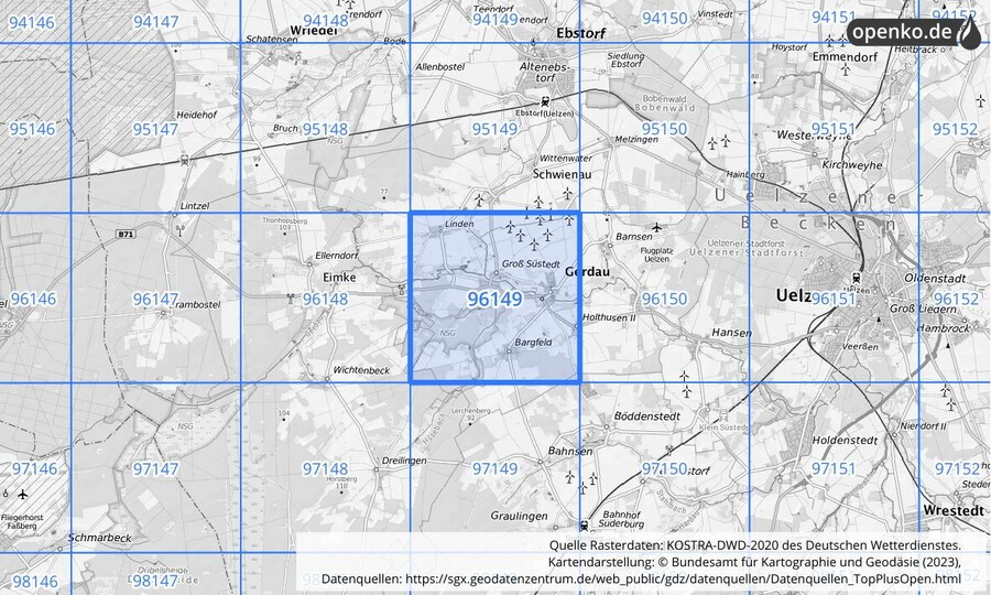 Übersichtskarte des KOSTRA-DWD-2020-Rasterfeldes Nr. 96149