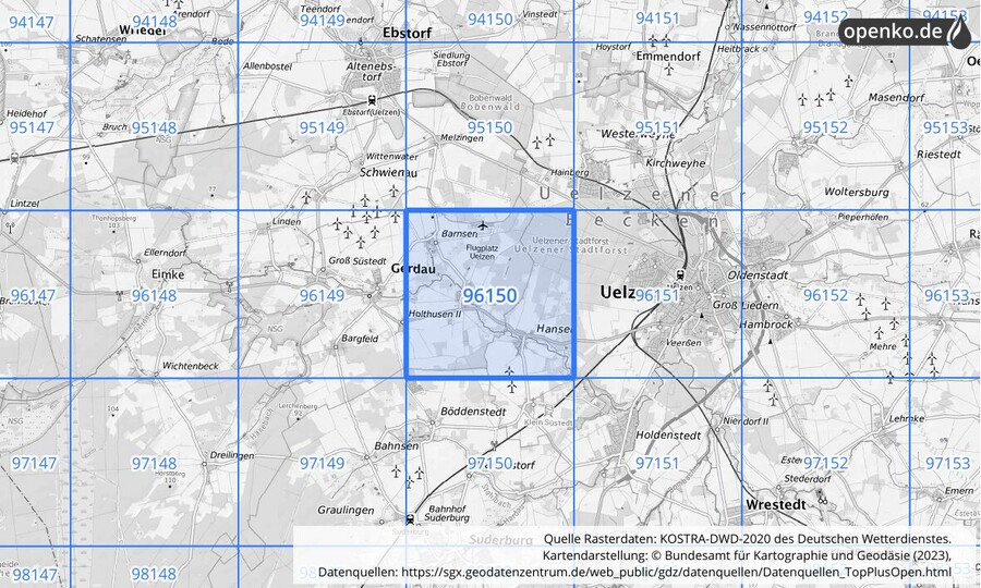 Übersichtskarte des KOSTRA-DWD-2020-Rasterfeldes Nr. 96150