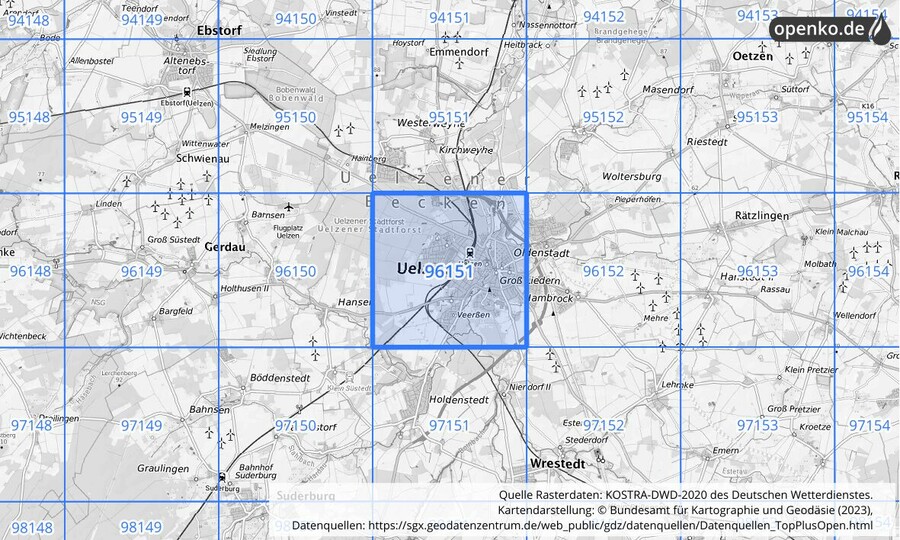 Übersichtskarte des KOSTRA-DWD-2020-Rasterfeldes Nr. 96151