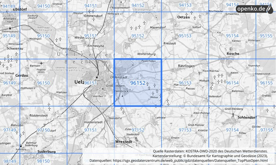 Übersichtskarte des KOSTRA-DWD-2020-Rasterfeldes Nr. 96152