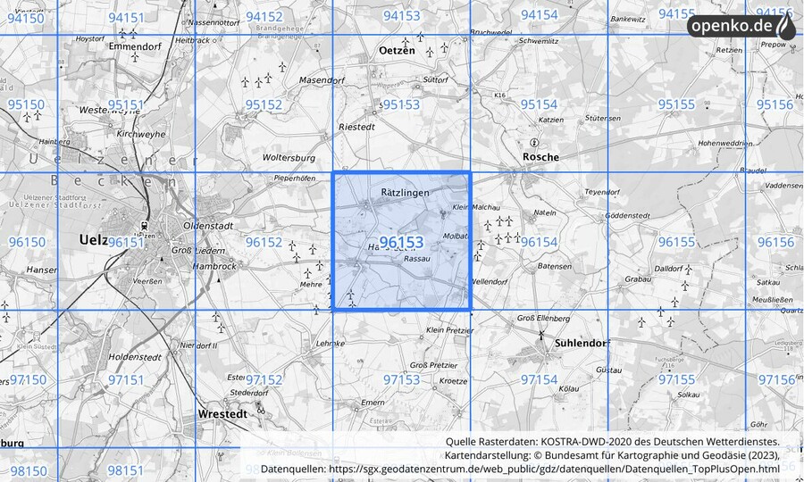 Übersichtskarte des KOSTRA-DWD-2020-Rasterfeldes Nr. 96153