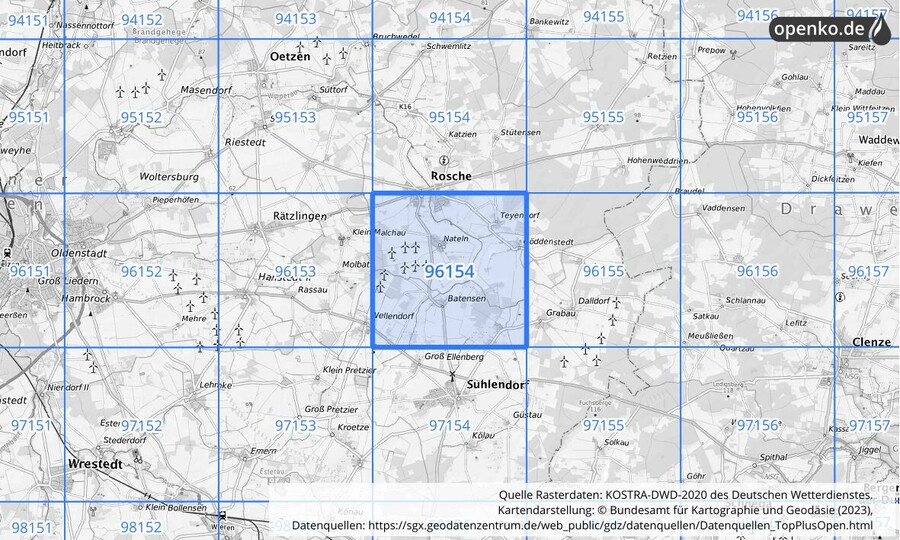 Übersichtskarte des KOSTRA-DWD-2020-Rasterfeldes Nr. 96154