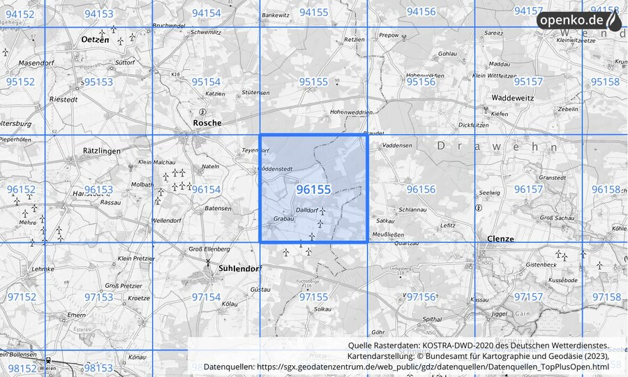 Übersichtskarte des KOSTRA-DWD-2020-Rasterfeldes Nr. 96155