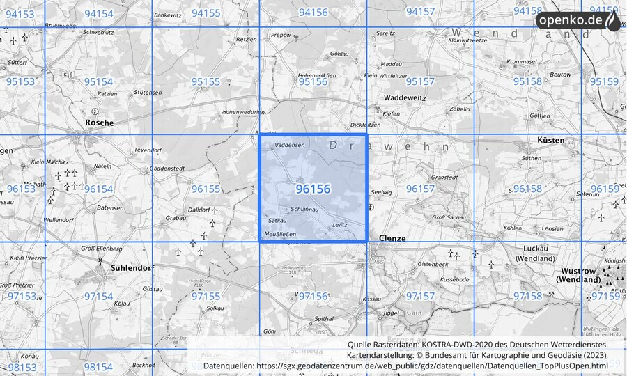 Übersichtskarte des KOSTRA-DWD-2020-Rasterfeldes Nr. 96156