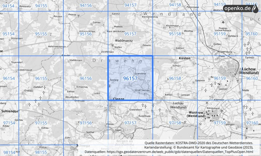 Übersichtskarte des KOSTRA-DWD-2020-Rasterfeldes Nr. 96157