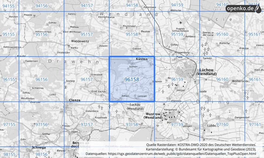 Übersichtskarte des KOSTRA-DWD-2020-Rasterfeldes Nr. 96158