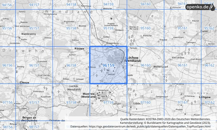 Übersichtskarte des KOSTRA-DWD-2020-Rasterfeldes Nr. 96159