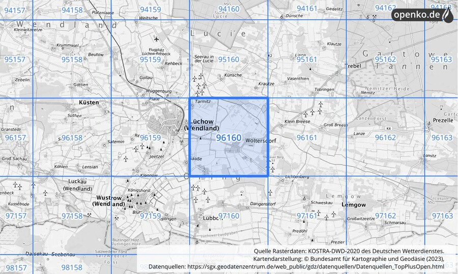 Übersichtskarte des KOSTRA-DWD-2020-Rasterfeldes Nr. 96160