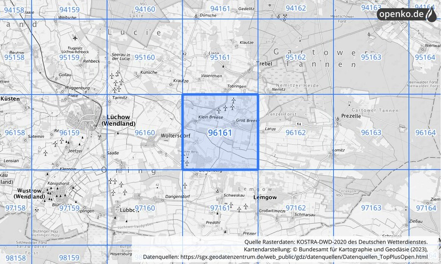 Übersichtskarte des KOSTRA-DWD-2020-Rasterfeldes Nr. 96161