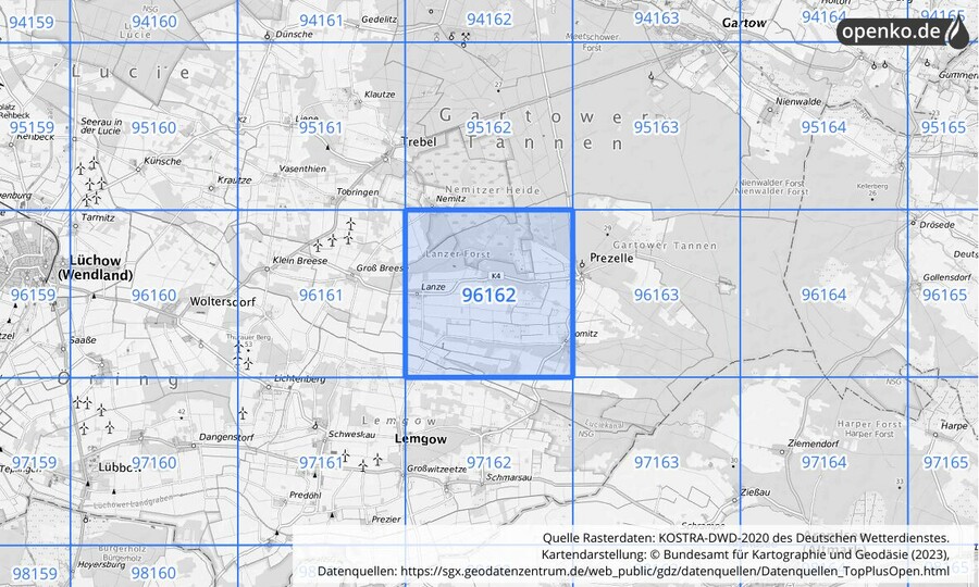 Übersichtskarte des KOSTRA-DWD-2020-Rasterfeldes Nr. 96162