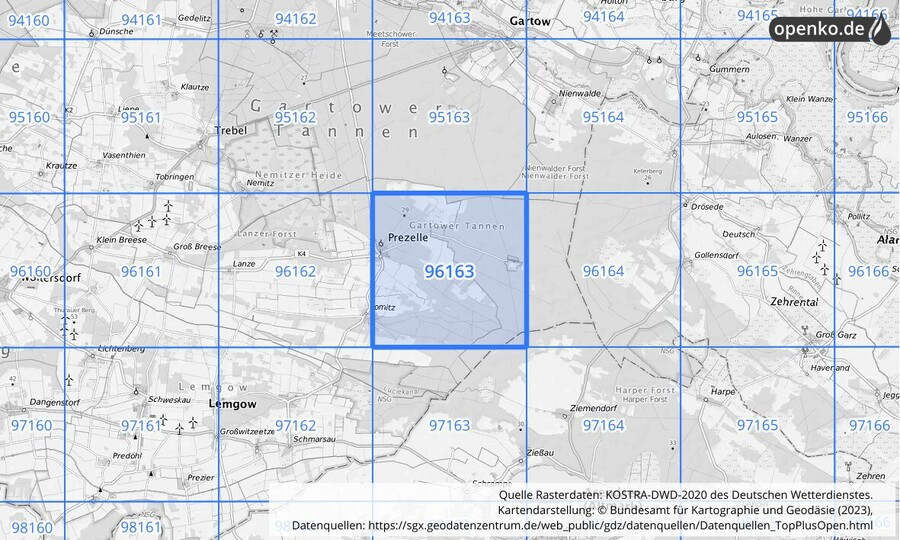 Übersichtskarte des KOSTRA-DWD-2020-Rasterfeldes Nr. 96163