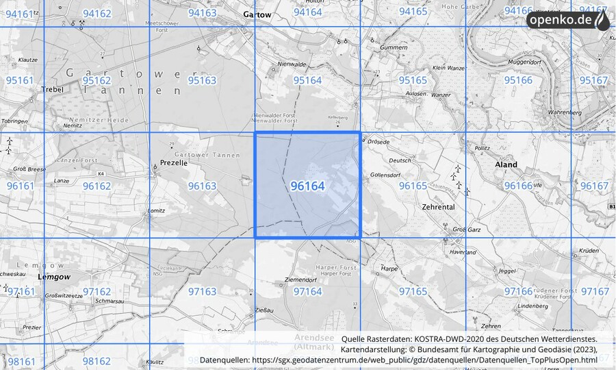 Übersichtskarte des KOSTRA-DWD-2020-Rasterfeldes Nr. 96164