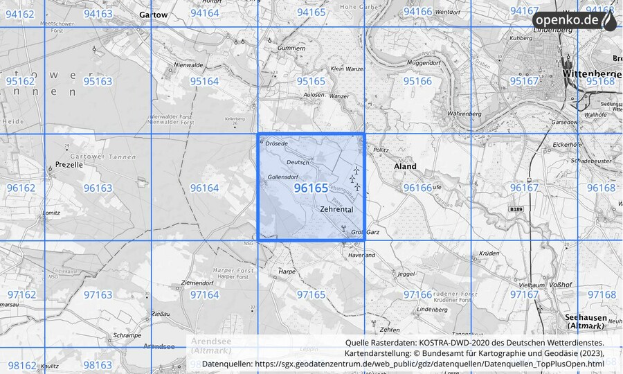 Übersichtskarte des KOSTRA-DWD-2020-Rasterfeldes Nr. 96165