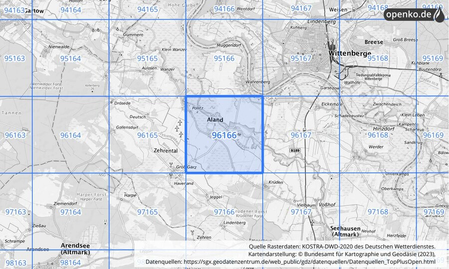 Übersichtskarte des KOSTRA-DWD-2020-Rasterfeldes Nr. 96166