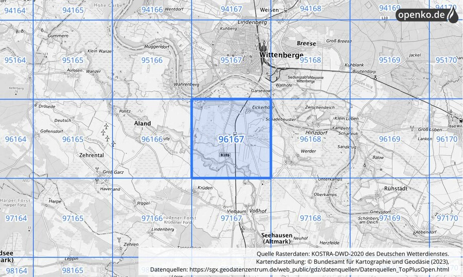 Übersichtskarte des KOSTRA-DWD-2020-Rasterfeldes Nr. 96167