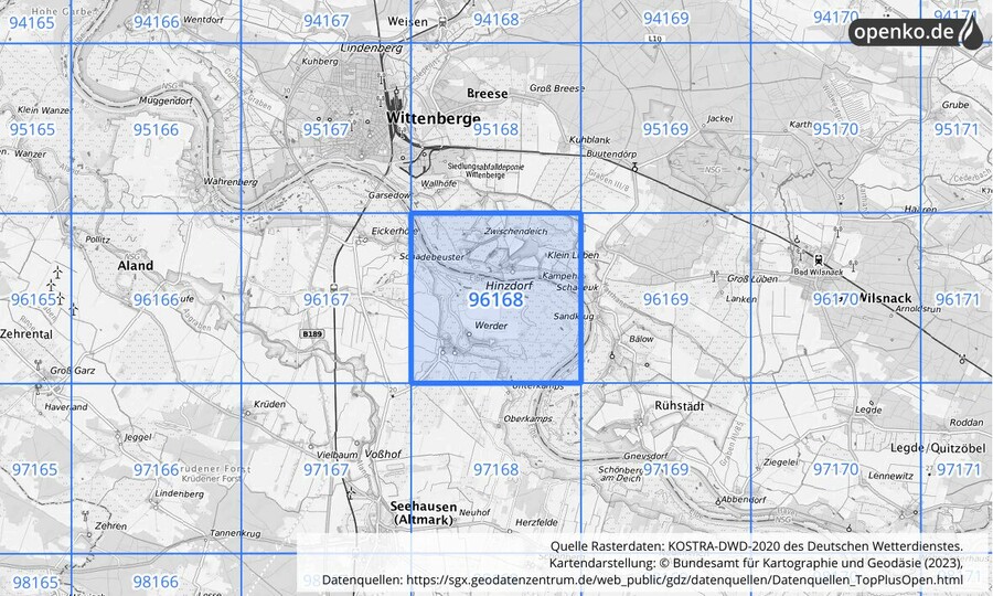 Übersichtskarte des KOSTRA-DWD-2020-Rasterfeldes Nr. 96168