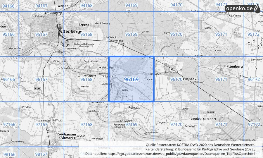 Übersichtskarte des KOSTRA-DWD-2020-Rasterfeldes Nr. 96169