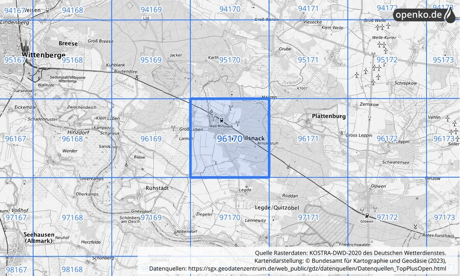 Übersichtskarte des KOSTRA-DWD-2020-Rasterfeldes Nr. 96170