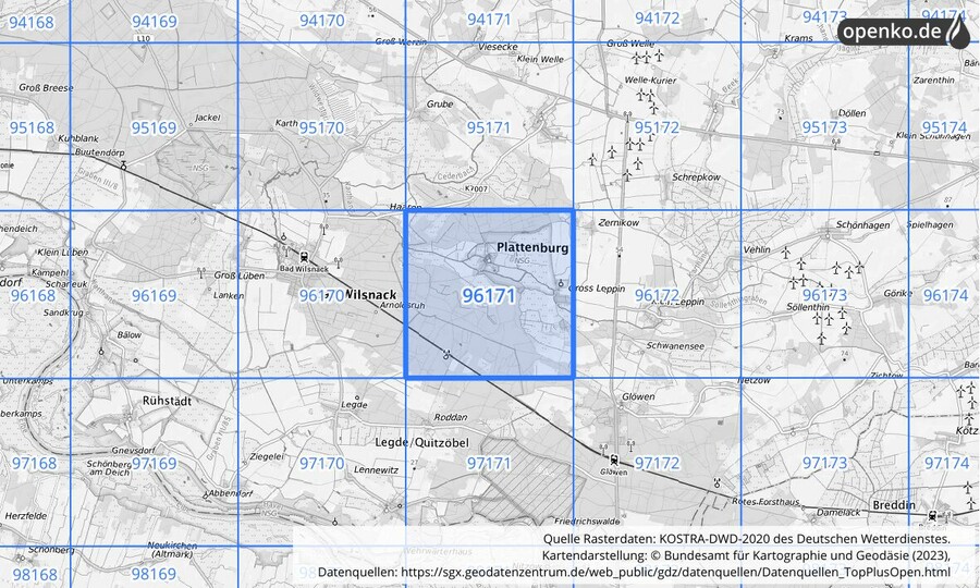 Übersichtskarte des KOSTRA-DWD-2020-Rasterfeldes Nr. 96171