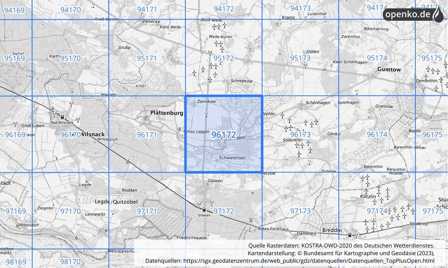 Übersichtskarte des KOSTRA-DWD-2020-Rasterfeldes Nr. 96172