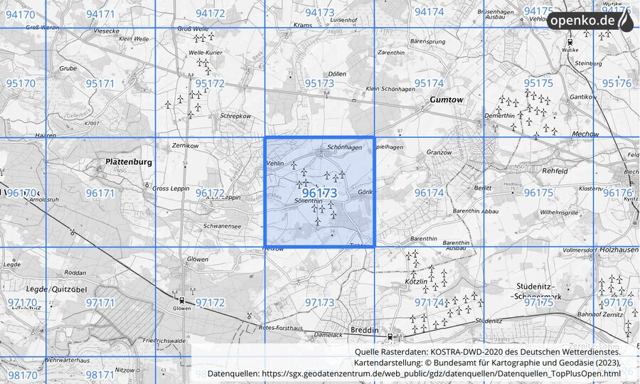 Übersichtskarte des KOSTRA-DWD-2020-Rasterfeldes Nr. 96173