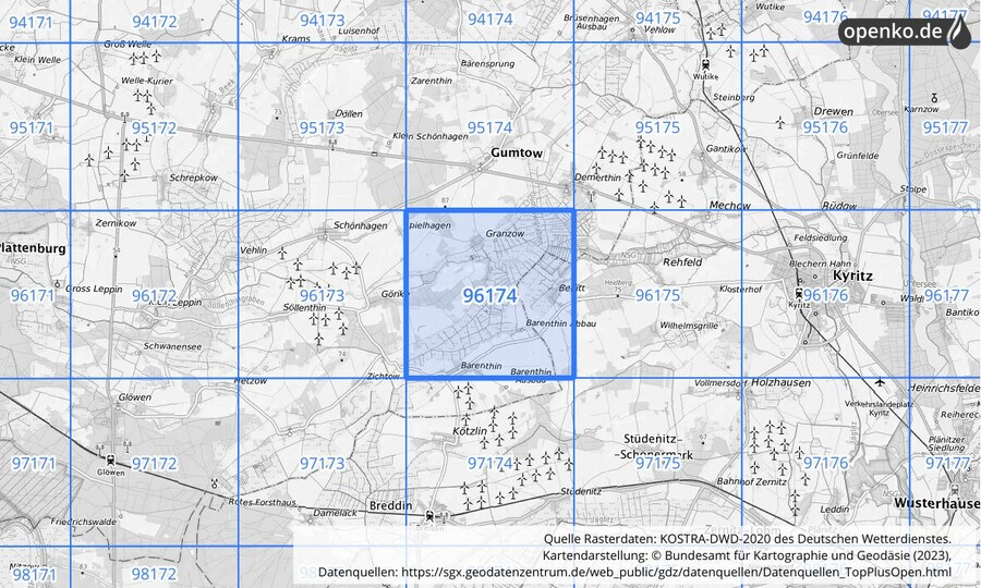 Übersichtskarte des KOSTRA-DWD-2020-Rasterfeldes Nr. 96174