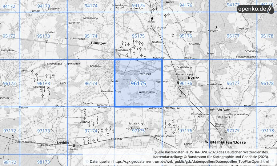 Übersichtskarte des KOSTRA-DWD-2020-Rasterfeldes Nr. 96175