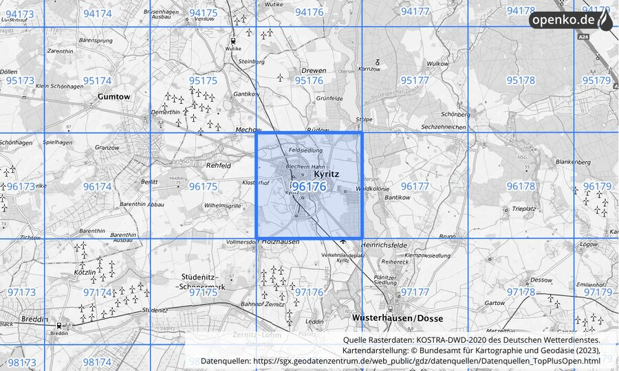 Übersichtskarte des KOSTRA-DWD-2020-Rasterfeldes Nr. 96176