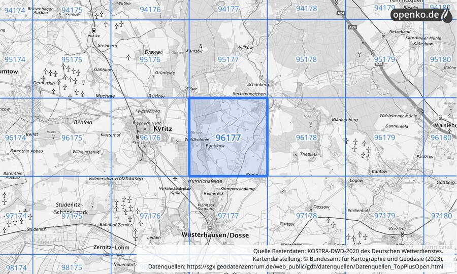 Übersichtskarte des KOSTRA-DWD-2020-Rasterfeldes Nr. 96177