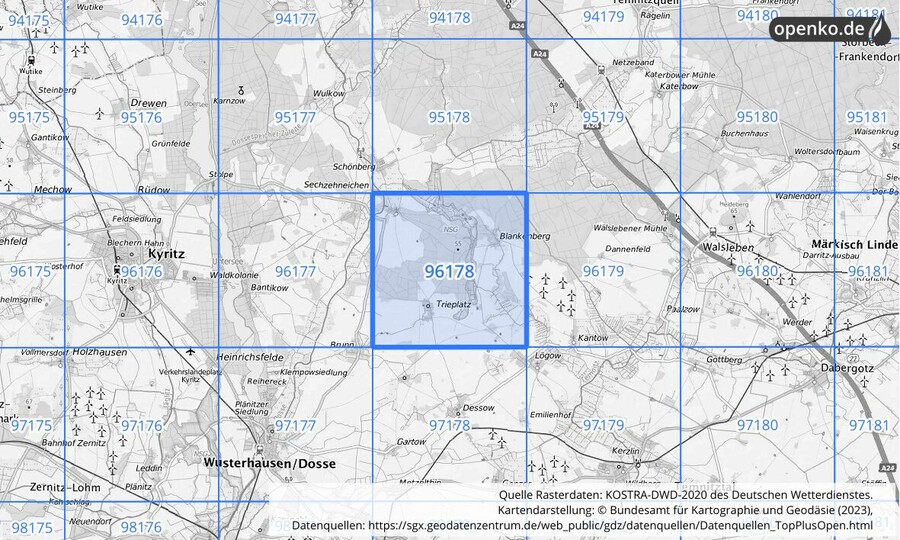 Übersichtskarte des KOSTRA-DWD-2020-Rasterfeldes Nr. 96178