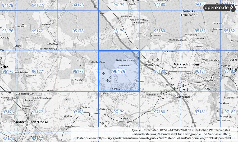 Übersichtskarte des KOSTRA-DWD-2020-Rasterfeldes Nr. 96179