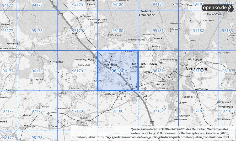 Übersichtskarte des KOSTRA-DWD-2020-Rasterfeldes Nr. 96180