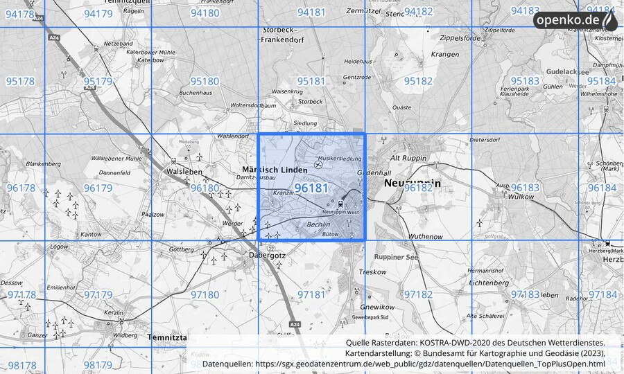 Übersichtskarte des KOSTRA-DWD-2020-Rasterfeldes Nr. 96181