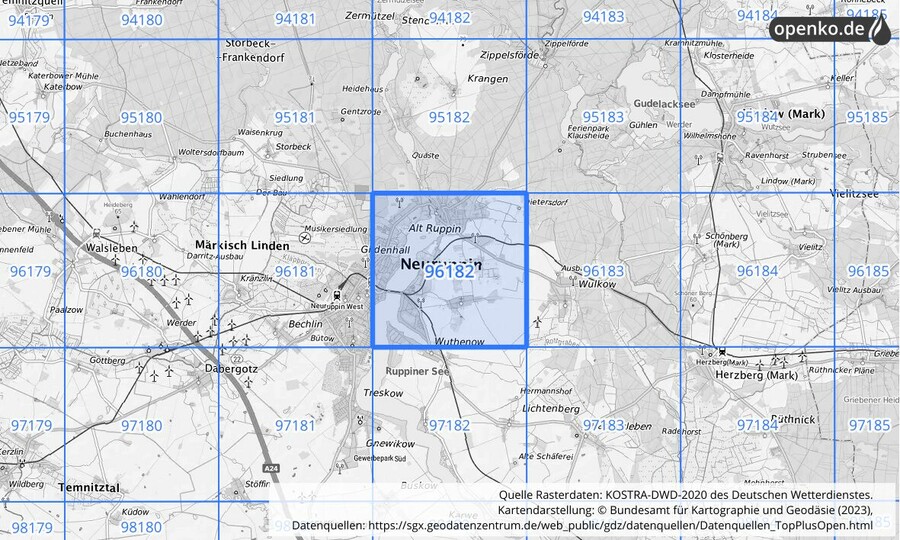 Übersichtskarte des KOSTRA-DWD-2020-Rasterfeldes Nr. 96182