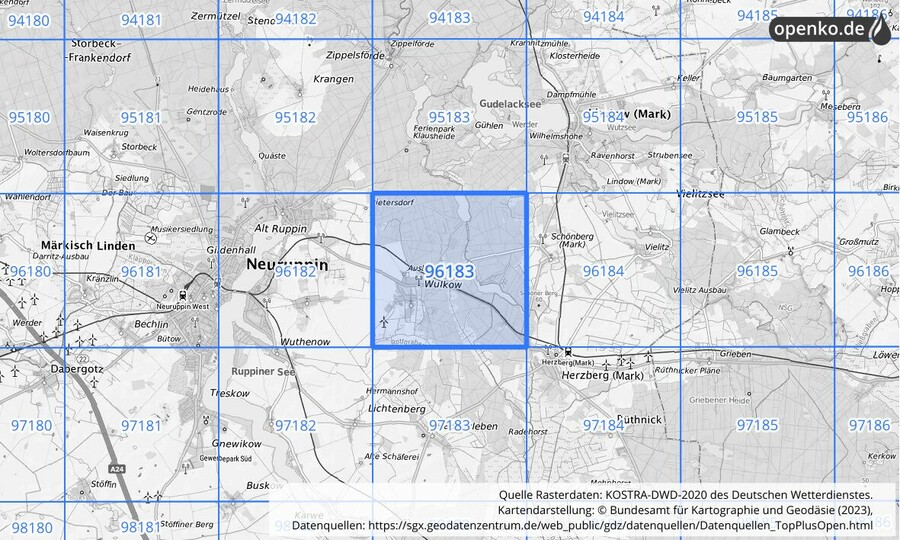 Übersichtskarte des KOSTRA-DWD-2020-Rasterfeldes Nr. 96183