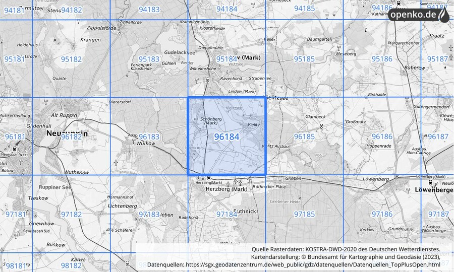 Übersichtskarte des KOSTRA-DWD-2020-Rasterfeldes Nr. 96184