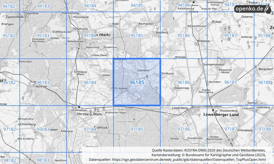 Übersichtskarte des KOSTRA-DWD-2020-Rasterfeldes Nr. 96185