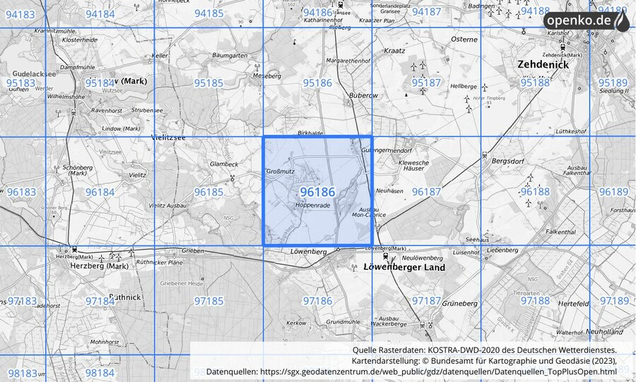 Übersichtskarte des KOSTRA-DWD-2020-Rasterfeldes Nr. 96186