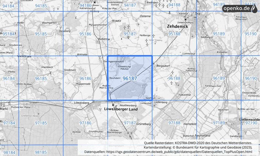 Übersichtskarte des KOSTRA-DWD-2020-Rasterfeldes Nr. 96187