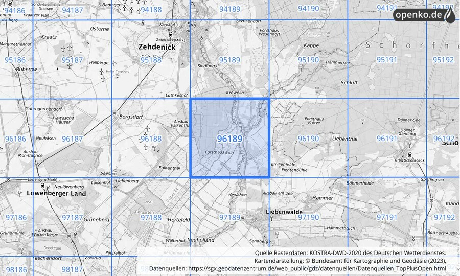 Übersichtskarte des KOSTRA-DWD-2020-Rasterfeldes Nr. 96189