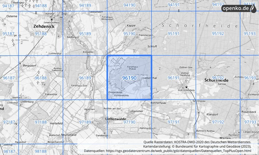 Übersichtskarte des KOSTRA-DWD-2020-Rasterfeldes Nr. 96190