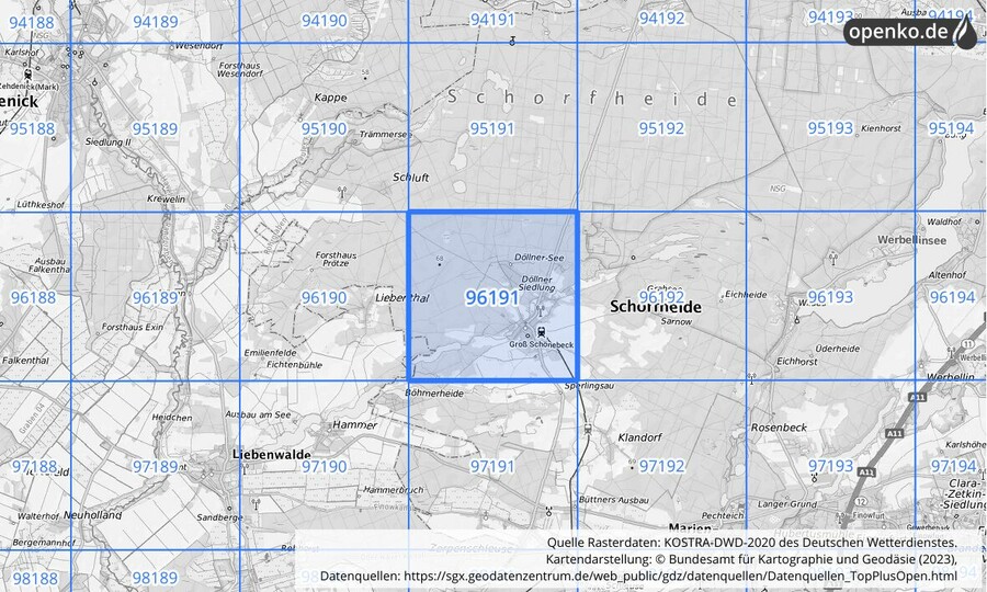 Übersichtskarte des KOSTRA-DWD-2020-Rasterfeldes Nr. 96191